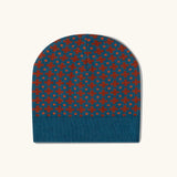 Little Green Radicals organic cotton knitted kids beanie hat with a ginger squares design. Blue knitted hat with orange squares.
