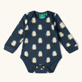 Navy penguin print vest from the Little Green Radicals organic cotton long-sleeve baby bodysuits 2 pack.