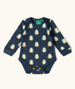 Navy penguin print vest from the Little Green Radicals organic cotton long-sleeve baby bodysuits 2 pack.