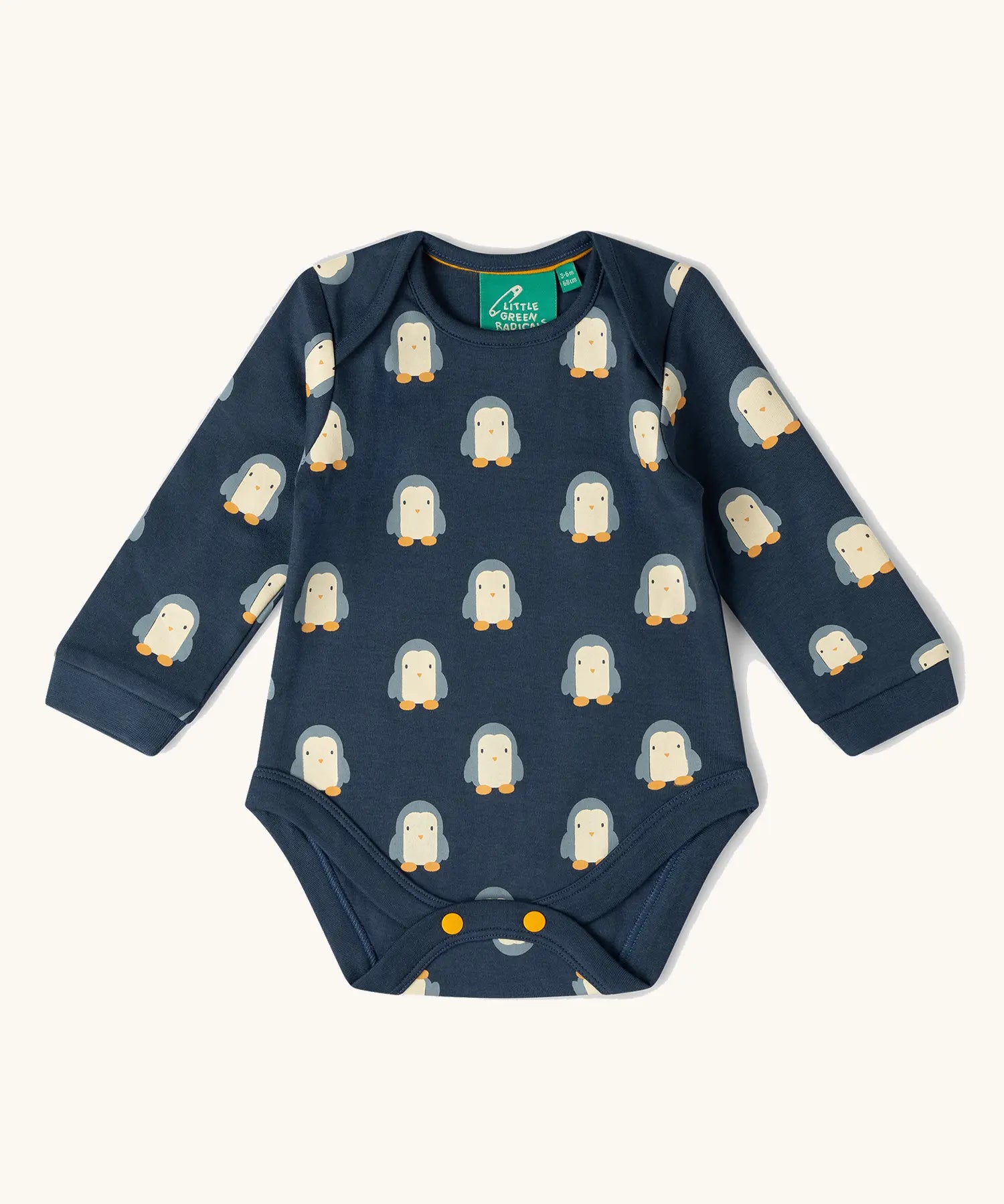 Navy penguin print vest from the Little Green Radicals organic cotton long-sleeve baby bodysuits 2 pack.
