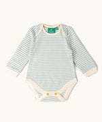Blue and white striped vest from the Little Green Radicals organic cotton long-sleeve baby bodysuits 2 pack.