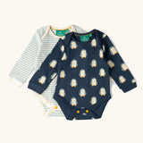 Little Green Radicals organic cotton long-sleeve baby bodysuits 2 pack , one navy with all over penguin print, one blue and white stripes.
