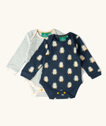 Little Green Radicals organic cotton long-sleeve baby bodysuits 2 pack , one navy with all over penguin print, one blue and white stripes.