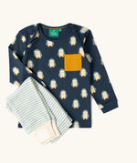  Little green Radicals blue penguin design playset outfit. Long sleeved organic cotton top in navy with penguins all over and light blue and white striped joggers.