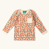 Long sleeved top from the Little Green Radicals organic cotton top and jogger playset with pink petals flowers design.