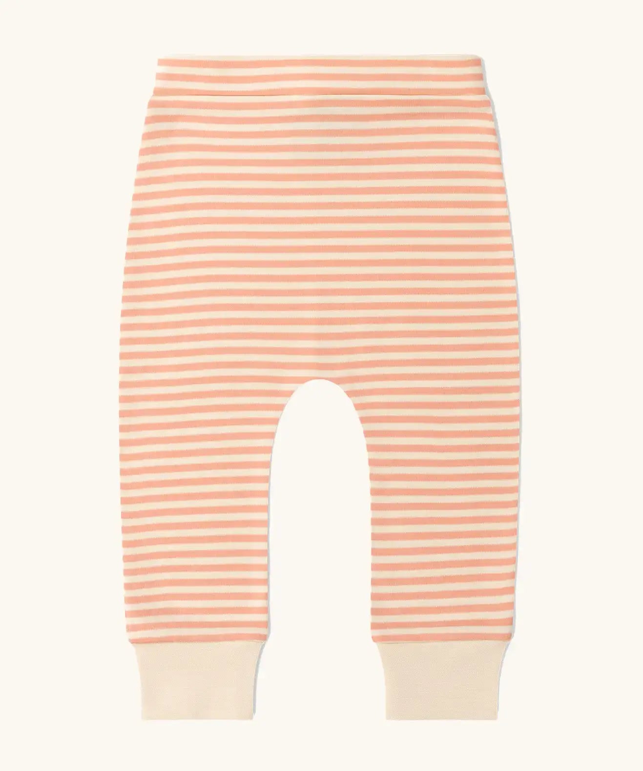 Pink and white striped trousers from the Little Green Radicals organic cotton long sleeve top and jogger playset with pink petals flowers design.