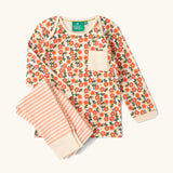Little Green Radicals organic cotton long sleeve top and jogger playset with pink petals flowers design on the top and pink and white stripes on the trousers.