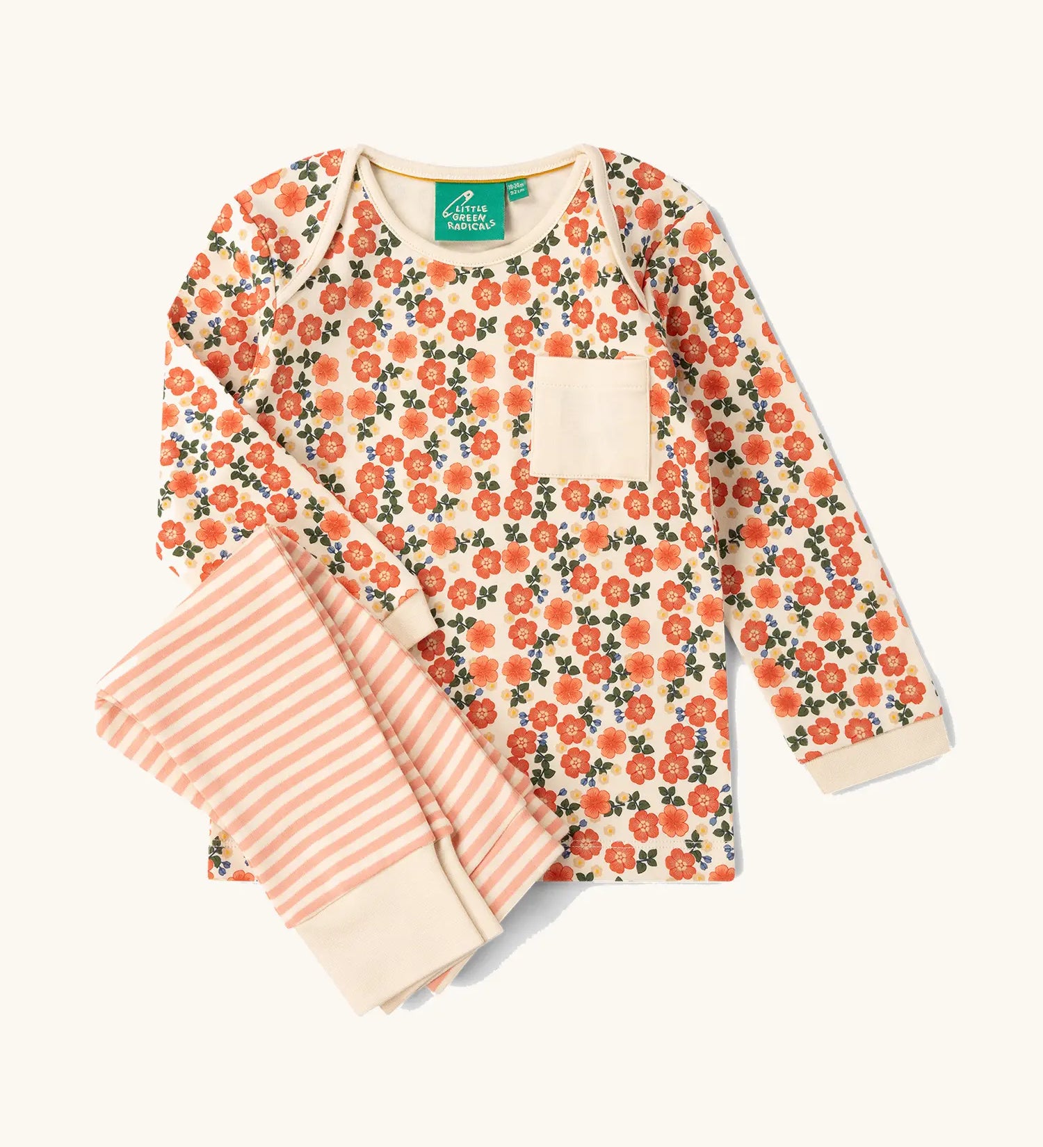 Little Green Radicals organic cotton long sleeve top and jogger playset with pink petals flowers design on the top and pink and white stripes on the trousers.