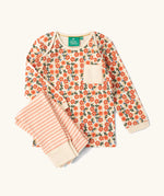 Little Green Radicals organic cotton long sleeve top and jogger playset with pink petals flowers design on the top and pink and white stripes on the trousers.