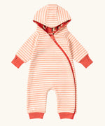 Little Green Radicals pink unicorns organic cotton reversible snug suit. One side is pink with a repeat unicorns print, the other is light pink and white striped. 