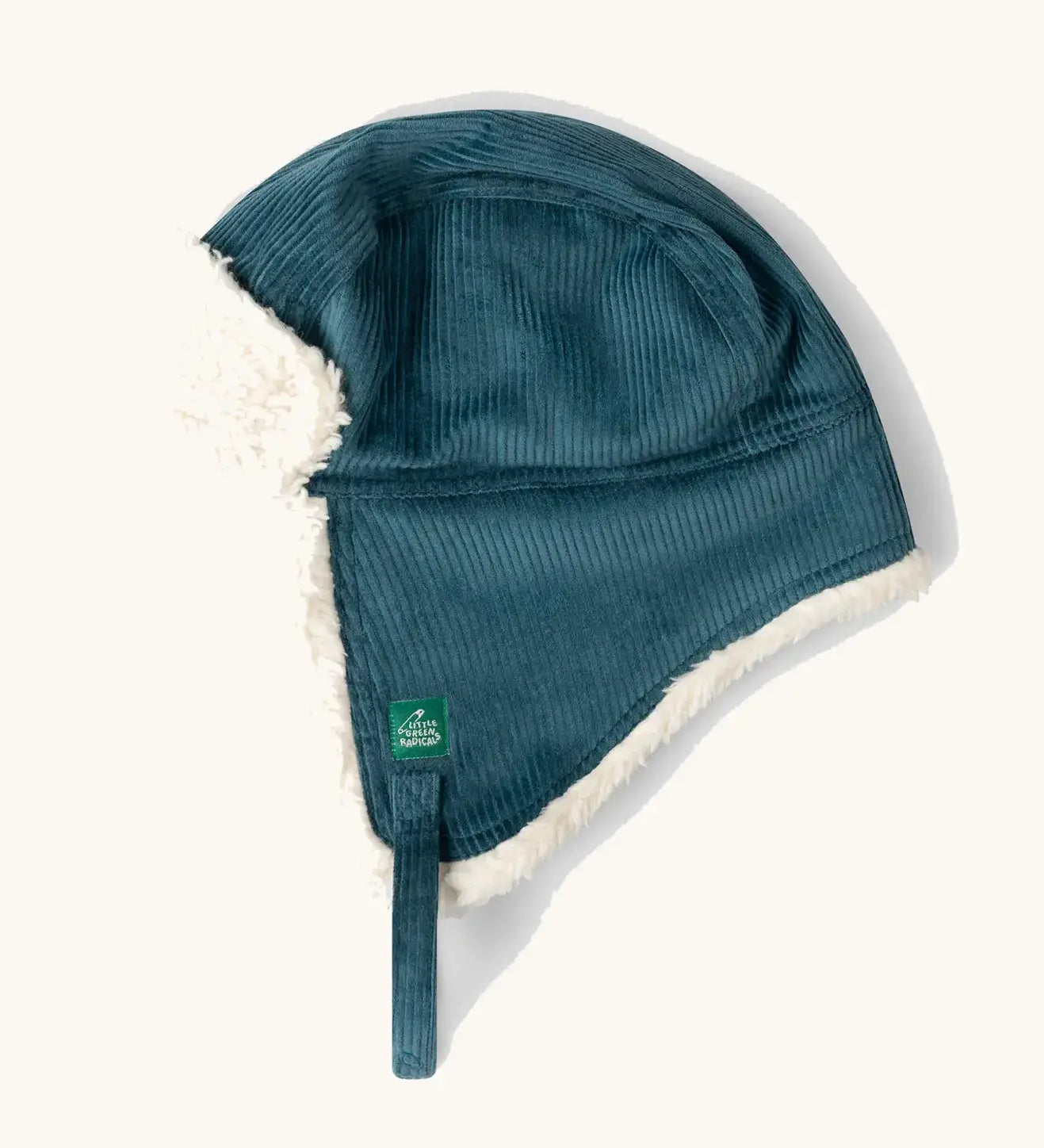 Little Green Radicals organic cotton sherpa-lined trapper hat in blue.
