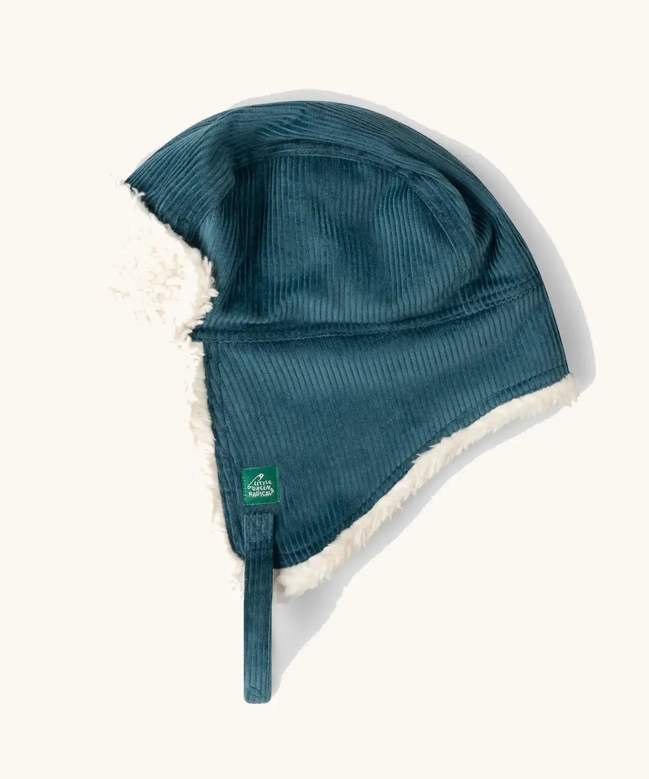Little Green Radicals organic cotton sherpa-lined trapper hat in blue.