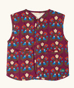 Little Green Radicals folk birds organic cotton sherpa fleece reversible gilet. Purple gilet with repeal all over Folk Birds print on one side and sherpa fleece on the other.
