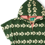 Popper closures on the side and neck of the Little Green Radicals swimming fish organic cotton hooded towel poncho. Cream fish pattern on a green background.