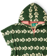 Popper closures on the side and neck of the Little Green Radicals swimming fish organic cotton hooded towel poncho. Cream fish pattern on a green background.