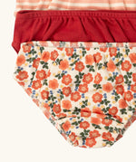 Close up of the elasticated leg hems on the Little Green Radicals organic cotton underwear in a 3 pack. Brief style pants one with a petals print, one red, one pink and white stripes. 