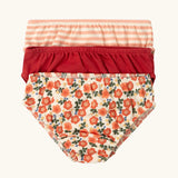 Little Green Radicals organic cotton underwear in a 3 pack. Brief style pants one with a petals print, one red, one pink and white stripes. 