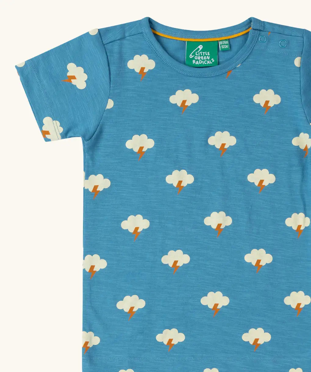 Close up of the Little Green Radicals blue all weather repeat print organic cotton short sleeve t-shirt.
