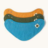 Little Green Radicals blue moon organic cotton muslin bandana bib set. Ochre yellow, dark green and teal blue bibs with green apple tag detail on one side.
