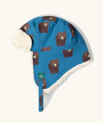 Little Green Radicals organic cotton sherpa-lined trapper hat in blue with a bears print.