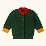 Little Green Radicals organic cotton snuggly knitted cardigan in olive green with yellow arm cuffs and red collar.