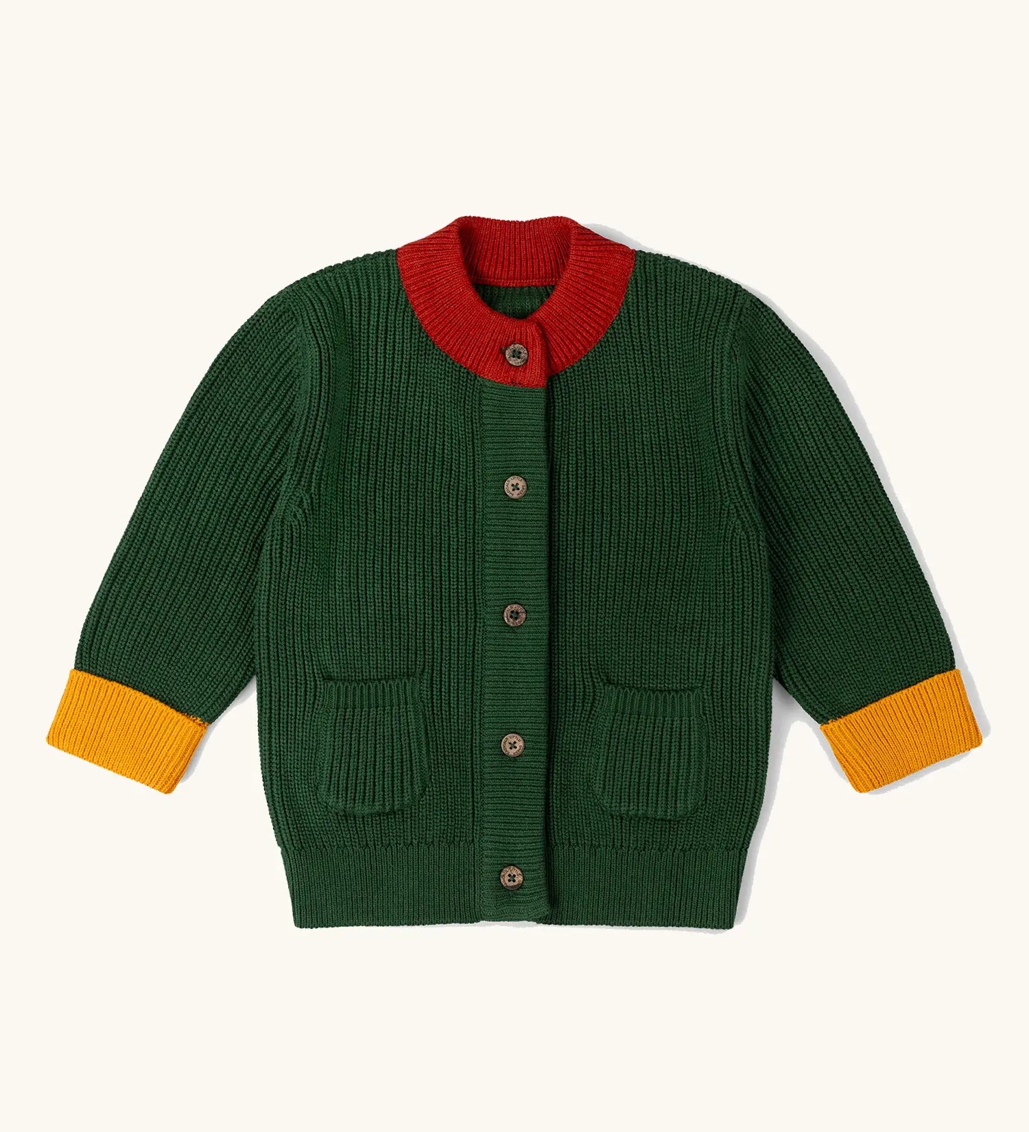 Little Green Radicals organic cotton snuggly knitted cardigan in olive green with yellow arm cuffs and red collar.
