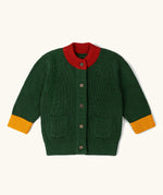 Little Green Radicals organic cotton snuggly knitted cardigan in olive green with yellow arm cuffs and red collar.