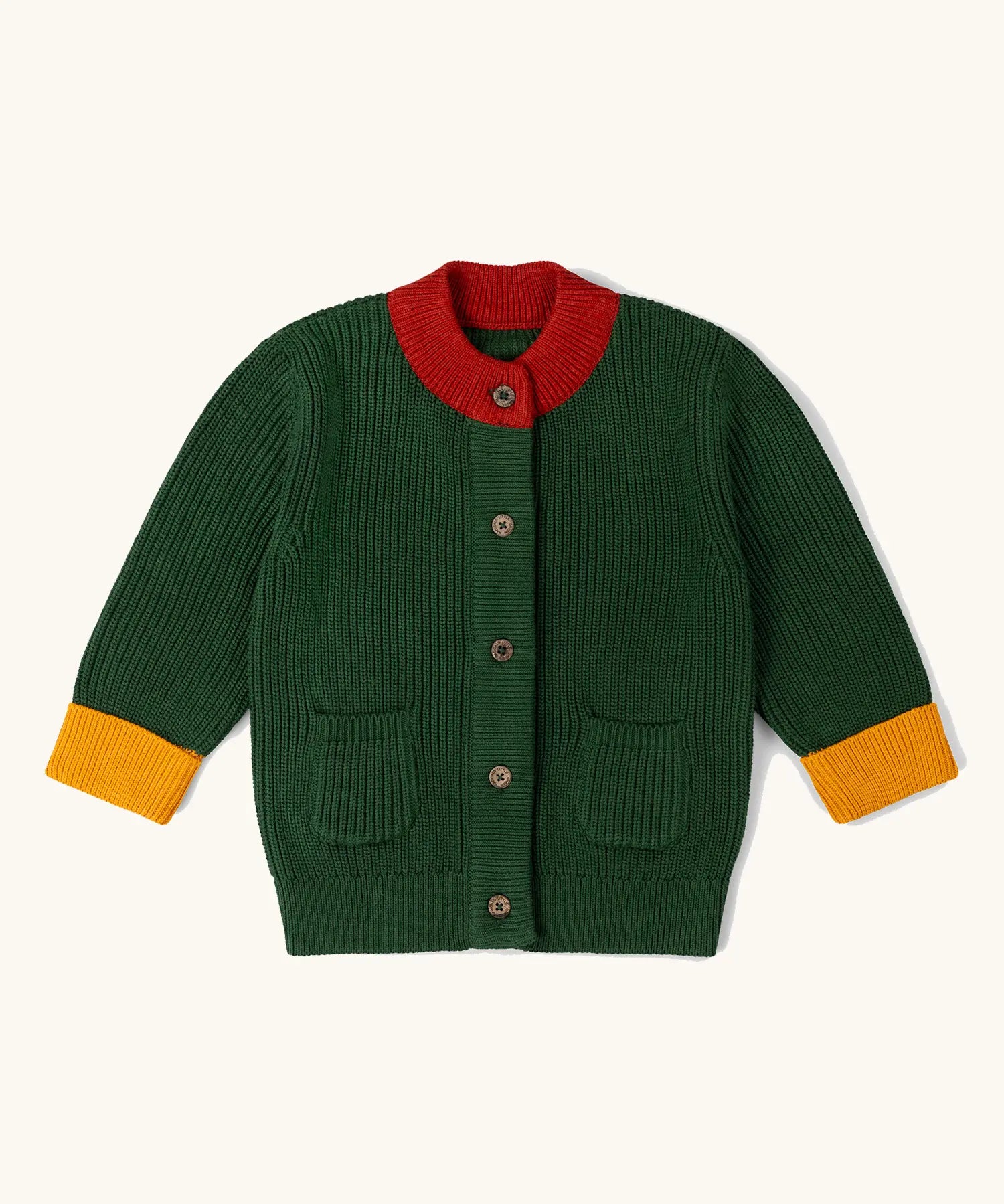 Little Green Radicals organic cotton snuggly knitted cardigan in olive green with yellow arm cuffs and red collar.