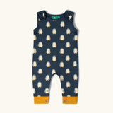 Little Green Radicals blue penguins everyday GOTS organic cotton dungarees with yellow leg cuffs.
