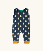 Little Green Radicals blue penguins everyday GOTS organic cotton dungarees with yellow leg cuffs.