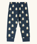 Trousers from the Little Green Radicals penguins kids organic cotton pyjamas. Navy long sleeved pyjamas with all over repeat penguin print. 