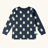 Long sleeve top from the Little Green Radicals penguins kids organic cotton pyjamas. Navy long sleeved pyjamas with all over repeat penguin print. 