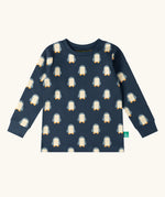 Long sleeve top from the Little Green Radicals penguins kids organic cotton pyjamas. Navy long sleeved pyjamas with all over repeat penguin print. 