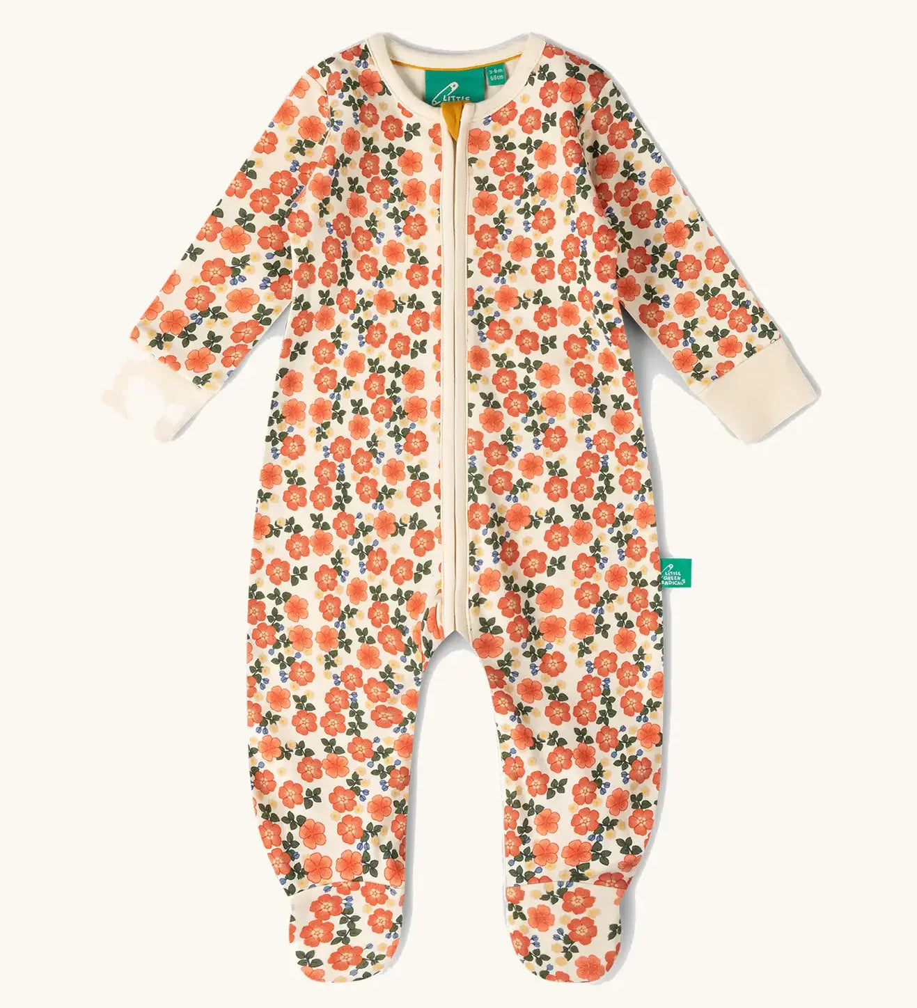 Little Green Radicals petals GOTS organic cotton zip up babygrow. Natural coloured cotton with an all over pink flowers print.