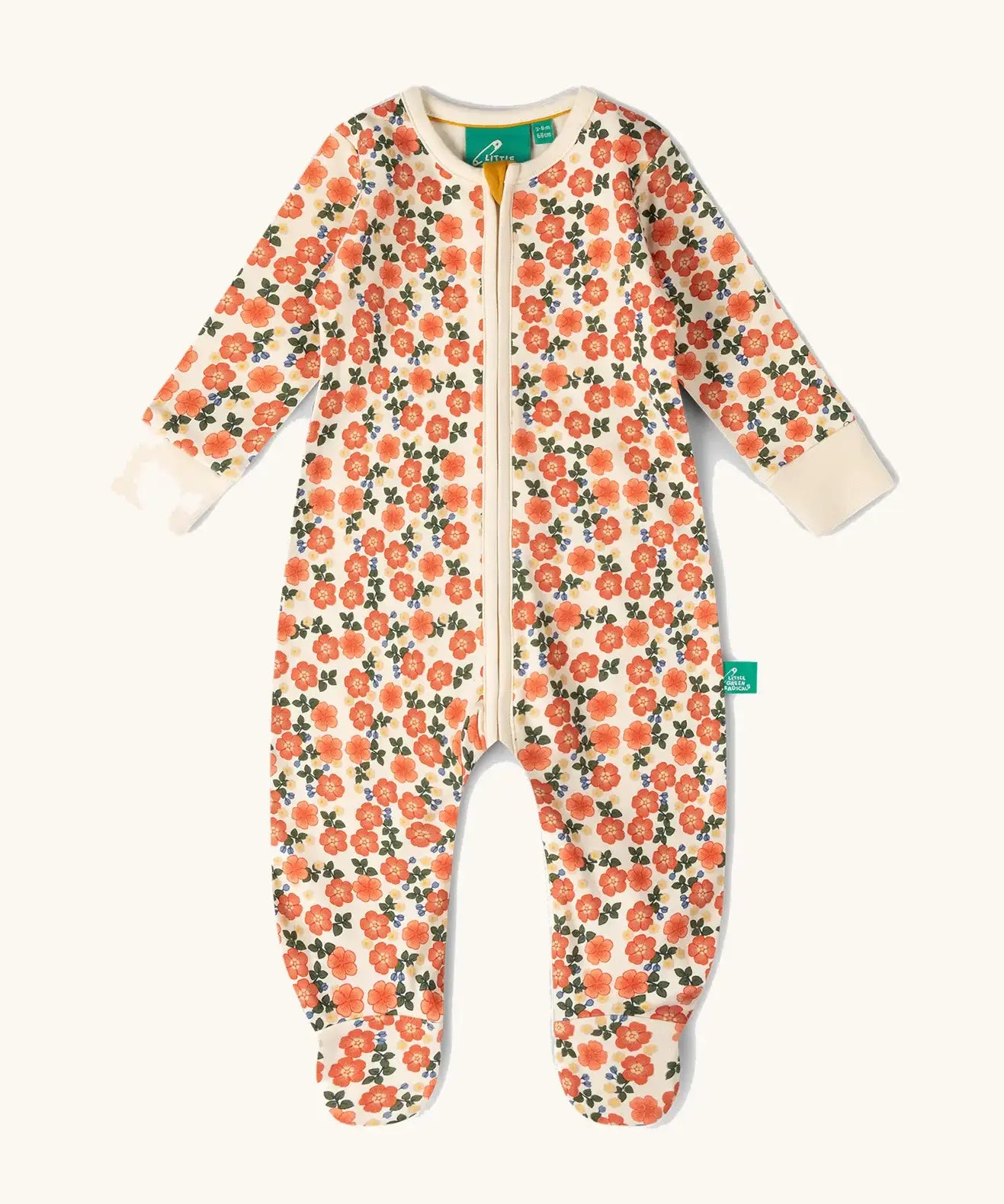 Little Green Radicals petals GOTS organic cotton zip up babygrow. Natural coloured cotton with an all over pink flowers print.