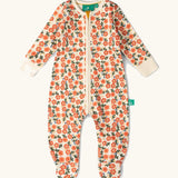 Little Green Radicals petals GOTS organic cotton zip up babygrow. Natural coloured cotton with an all over pink flowers print.