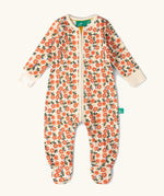Little Green Radicals petals GOTS organic cotton zip up babygrow. Natural coloured cotton with an all over pink flowers print.