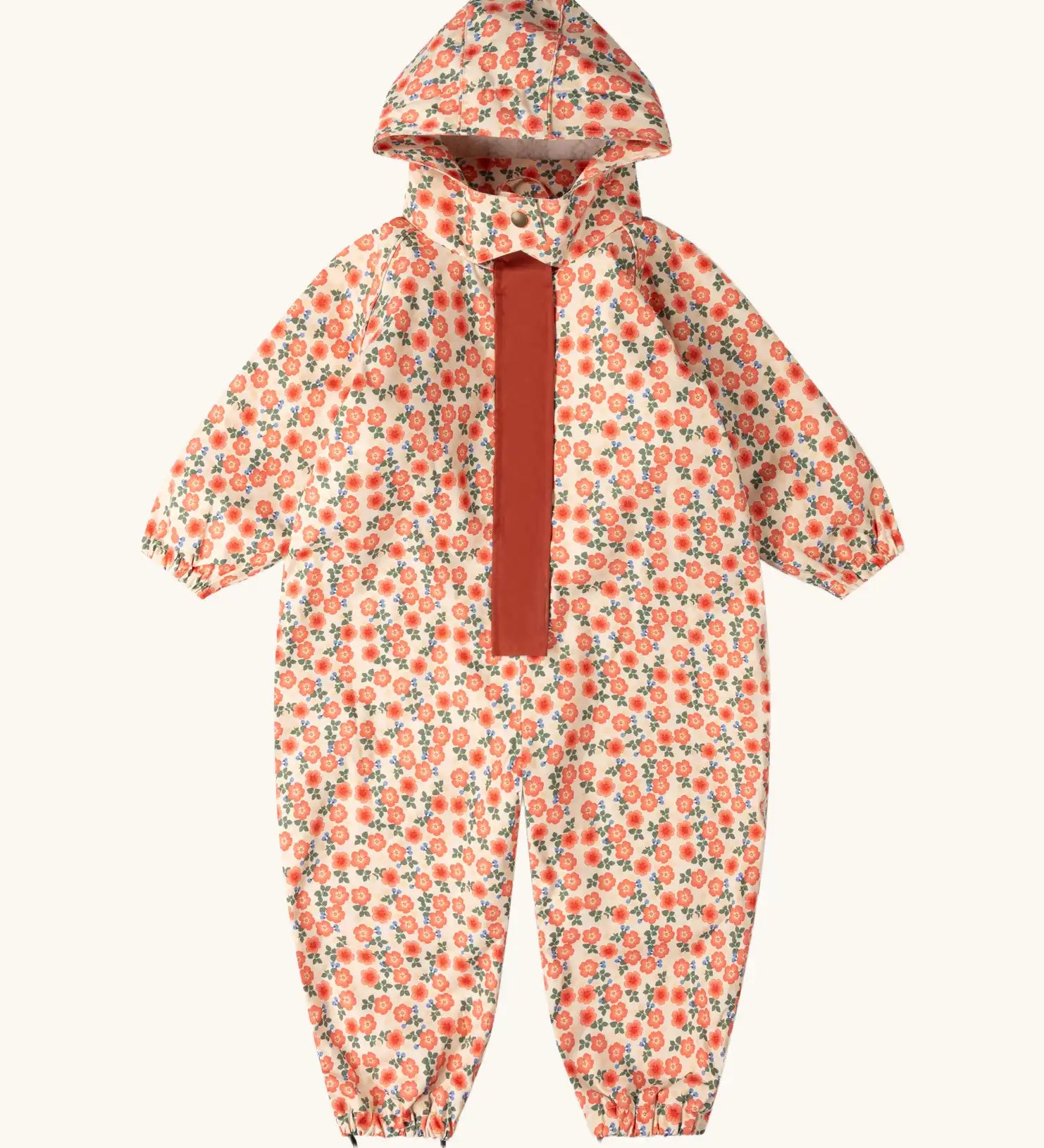 Little Green Radicals petals recycled waterproof winter suit. Light background with pink repeat al over flower print. 