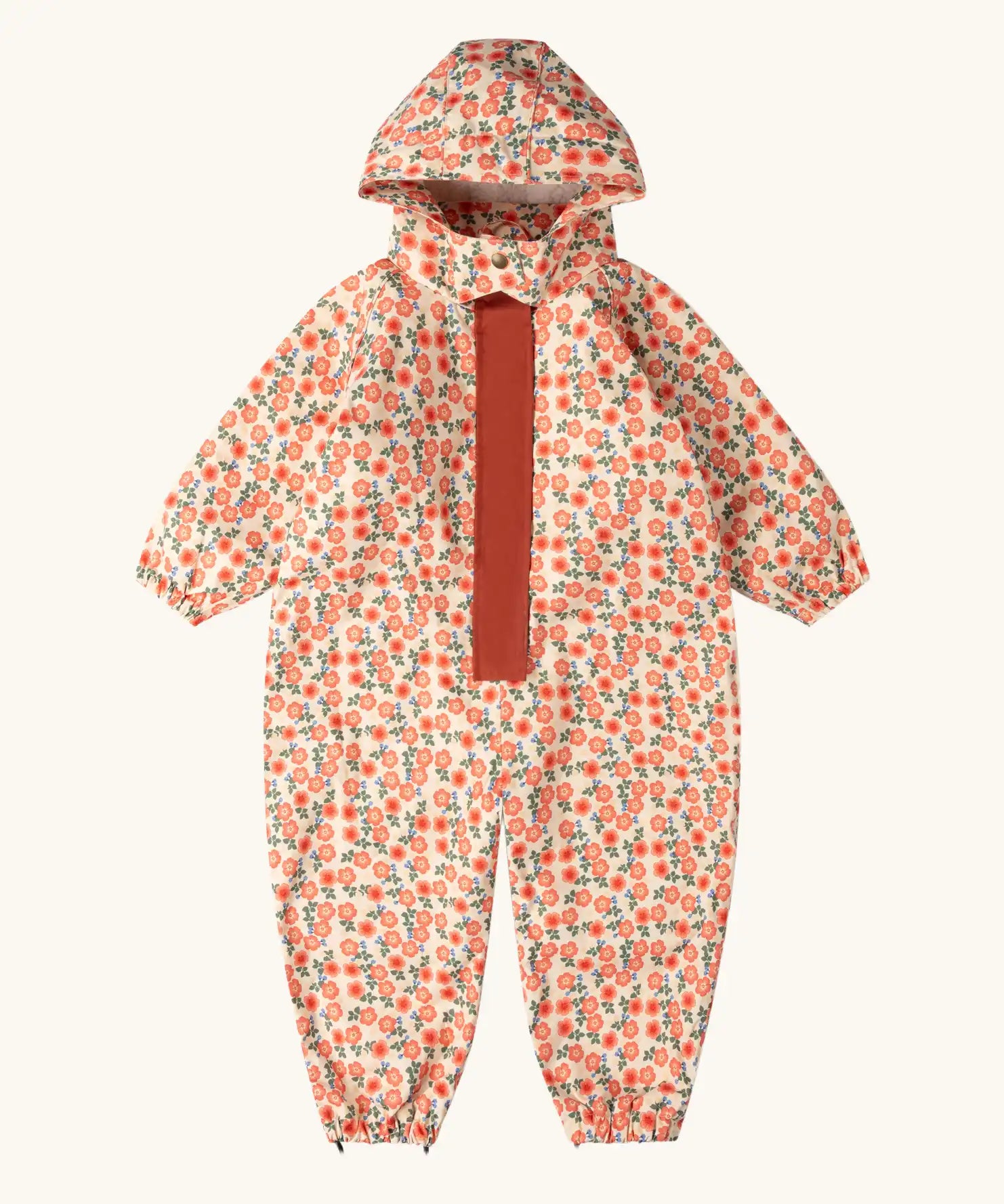 Little Green Radicals petals recycled waterproof winter suit. Light background with pink repeat al over flower print. 