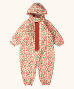 Little Green Radicals petals recycled waterproof winter suit. Light background with pink repeat al over flower print. 