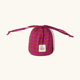 Matching storage bag from the Little Green Radicals organic cotton berry check adult classic pyjamas.