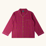 Long sleeved button up top from the Little Green Radicals organic cotton berry check adult classic pyjamas.