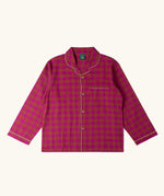 Long sleeved button up top from the Little Green Radicals organic cotton berry check adult classic pyjamas.