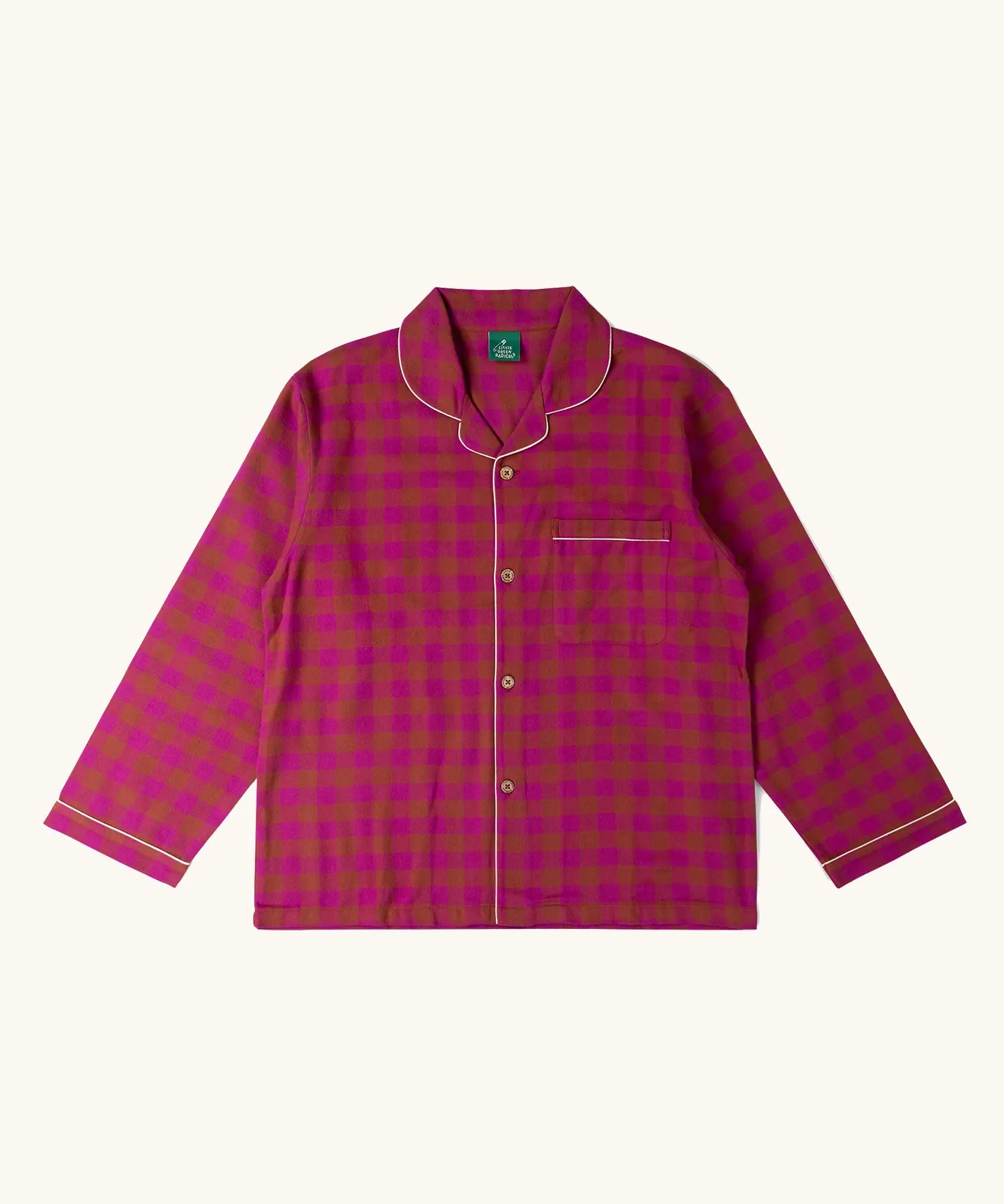 Long sleeved button up top from the Little Green Radicals organic cotton berry check adult classic pyjamas.
