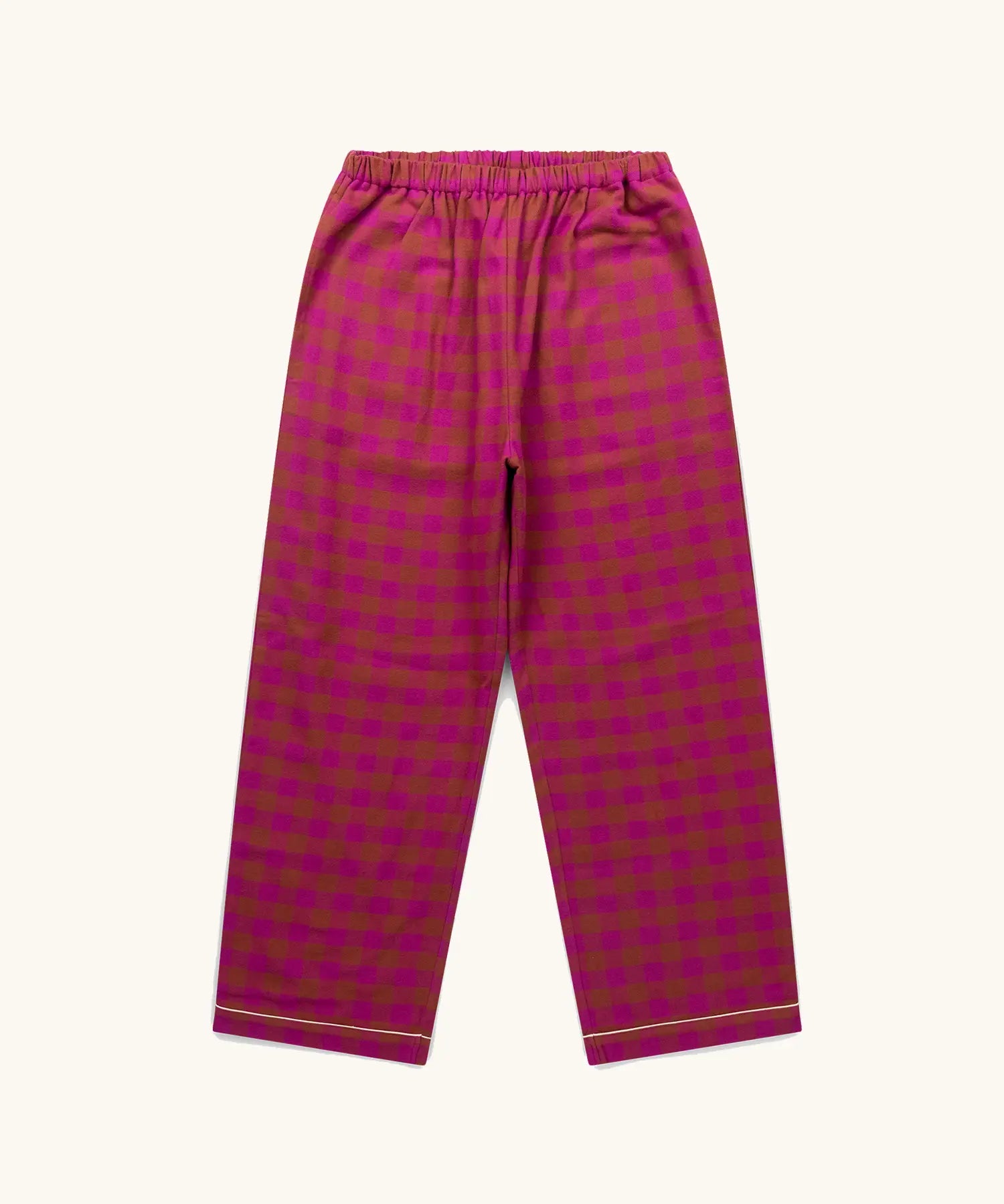 Trousers from the Little Green Radicals organic cotton berry check adult classic pyjamas.