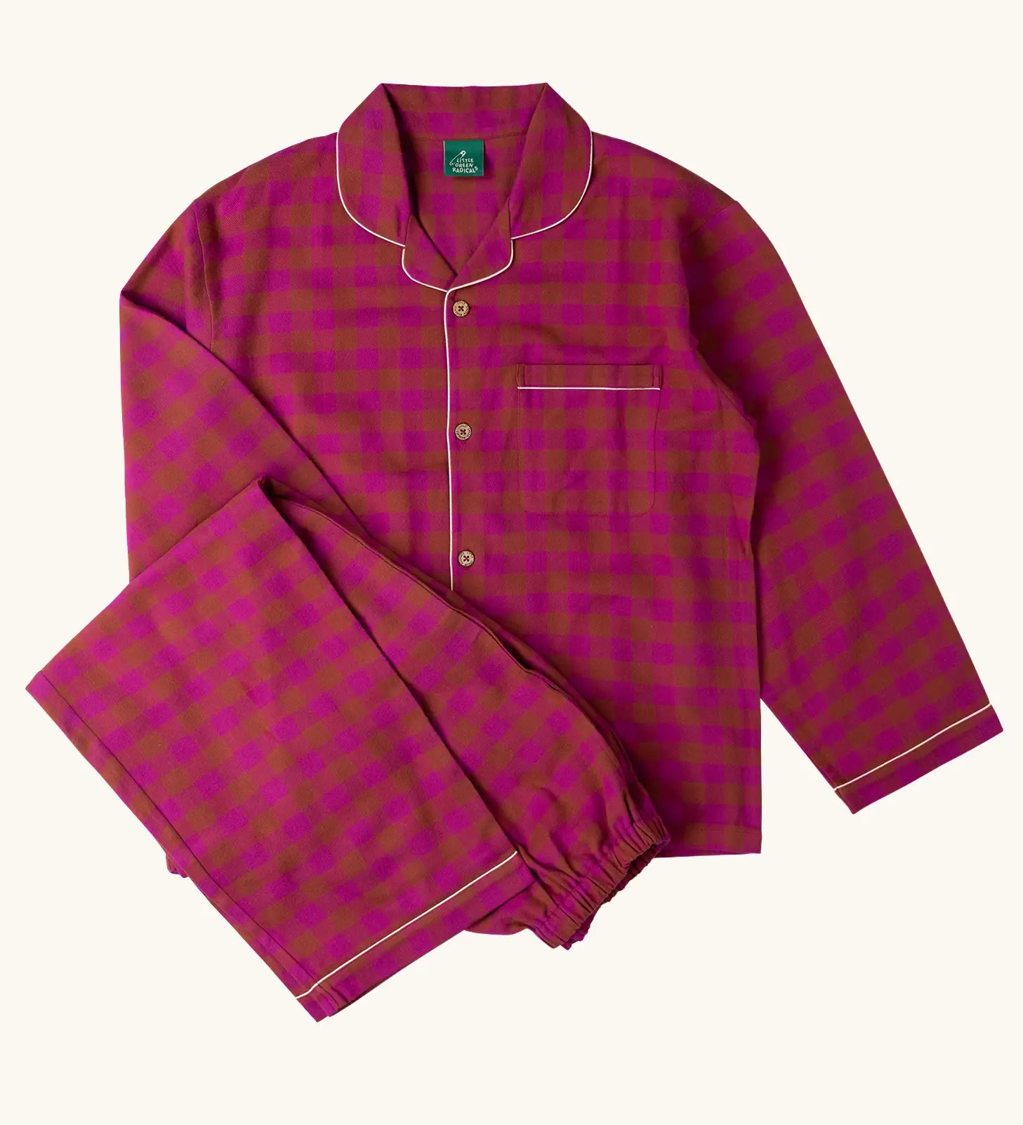 Little Green Radicals organic cotton berry check adult classic pyjamas.