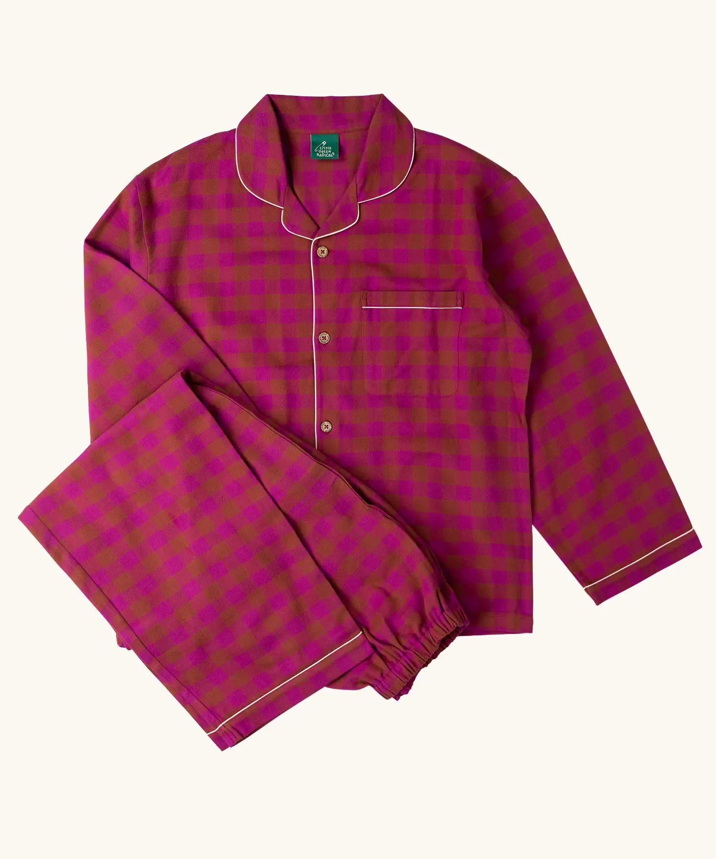Little Green Radicals organic cotton berry check adult classic pyjamas.