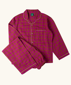 Little Green Radicals organic cotton berry check adult classic pyjamas.