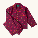 Little Green Radicals pink flowers print organic cotton classic purple pyjamas. Long sleeve button up top with matching trousers.