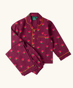 Little Green Radicals pink flowers print organic cotton classic purple pyjamas. Long sleeve button up top with matching trousers.
